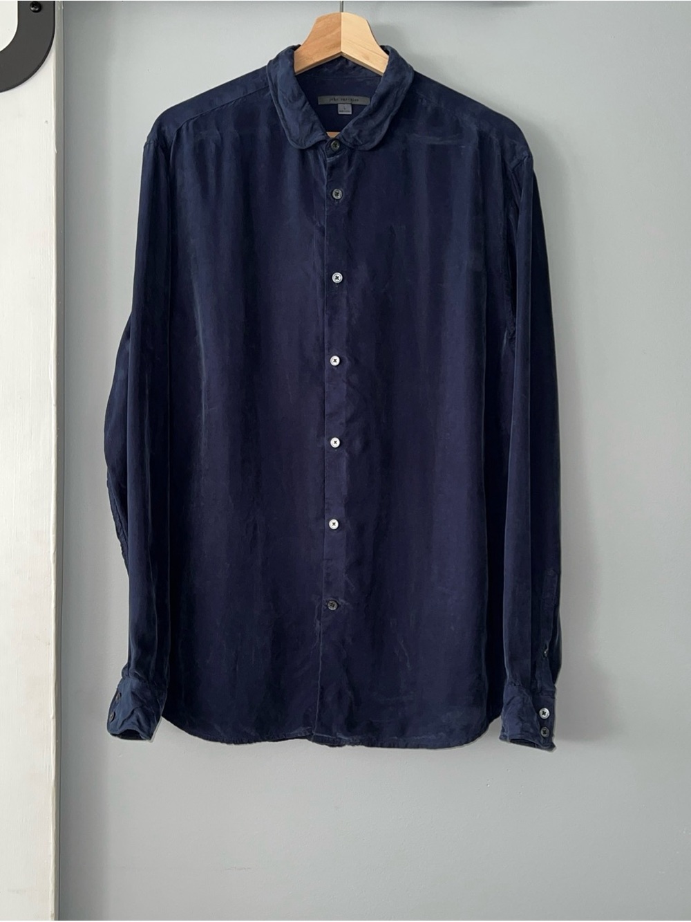 John Varvatos Navy Blue Orchard Button Up Shirt Cupro Wired Collar/Cuffs $328